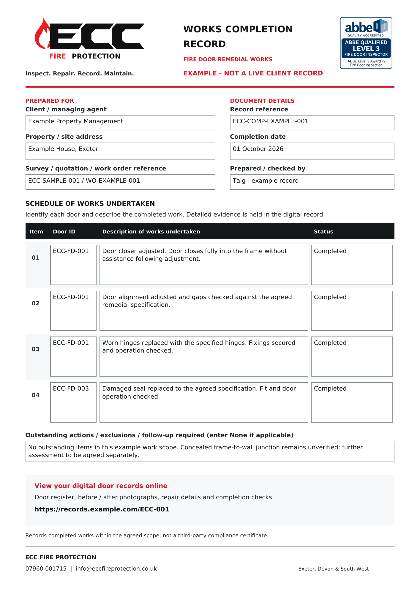 ECC works completion record showing the itemised schedule of remedial works, completion details and digital door records link, with ECC and ABBE branding.