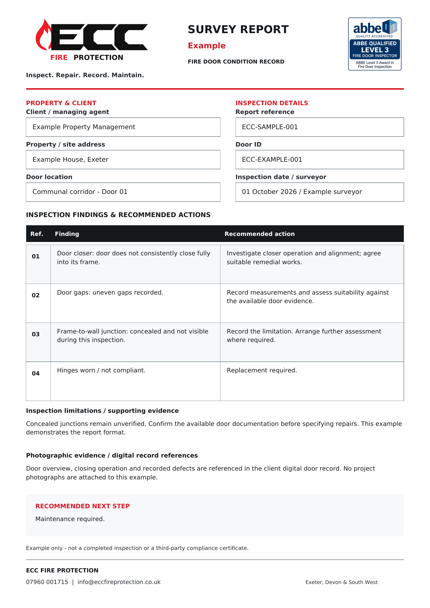 Example ECC survey report with ECC and ABBE logos, boxed property details, four findings and recommended maintenance actions.